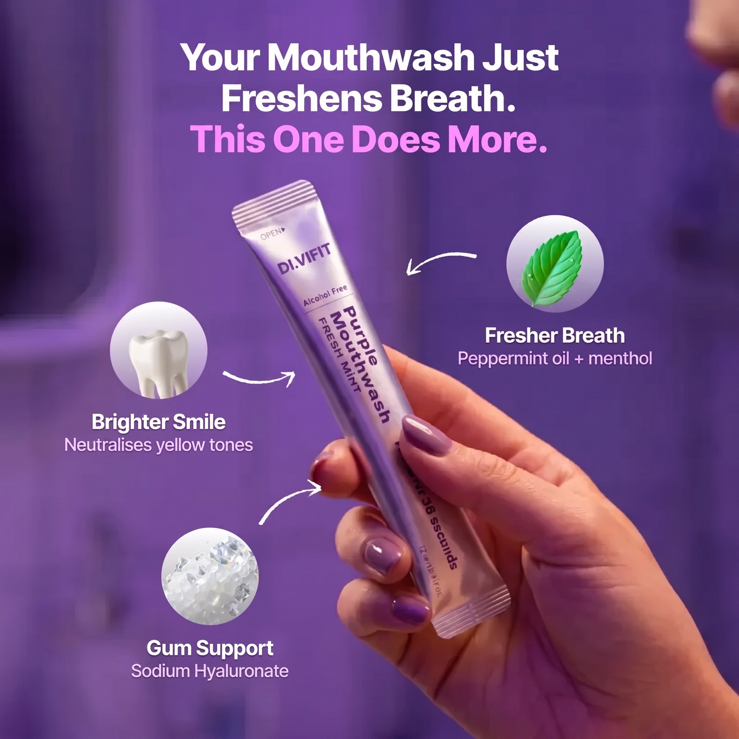 ✨60% OFF - DI.VIFIT Purple Mouthwash - Sachets 20 Pack - Peroxide-Free - Alcohol Free - Vegan Mint