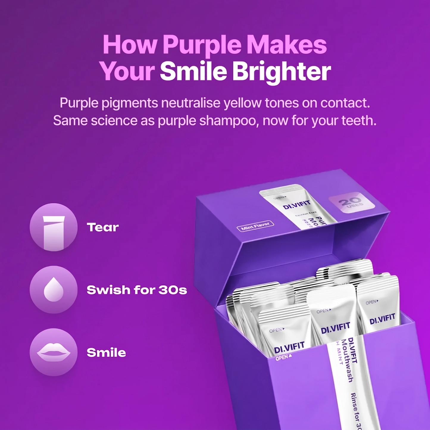 ✨60% OFF - DI.VIFIT Purple Mouthwash - Sachets 20 Pack - Peroxide-Free - Alcohol Free - Vegan Mint